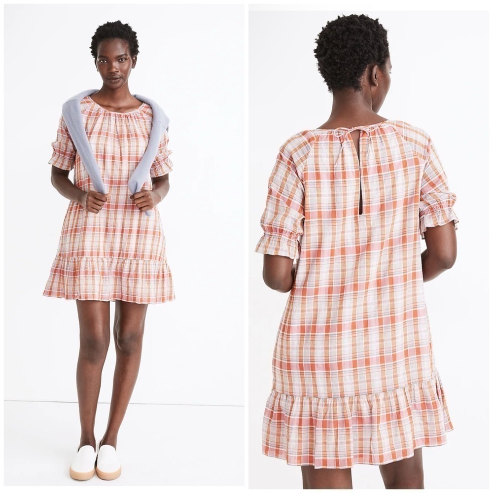 Madewell Plaid Ruffle Sleeve Popover Plaid Mini Dress Size Medium